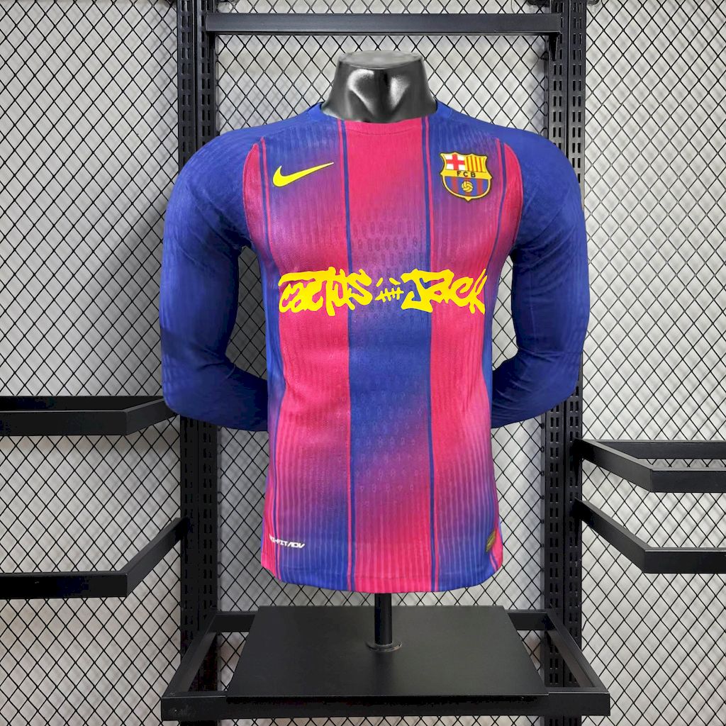 Men’s Barcelona 2025/26 Travis Scott Edition Player Home Long Sleeves Jersey